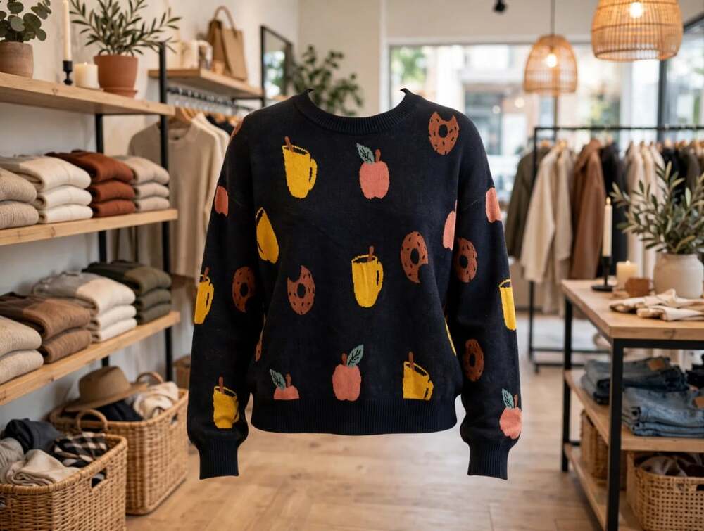 LOFT Sweater Womens Large Navy Apple Cider Donut Fall Novelty Knit Pullover